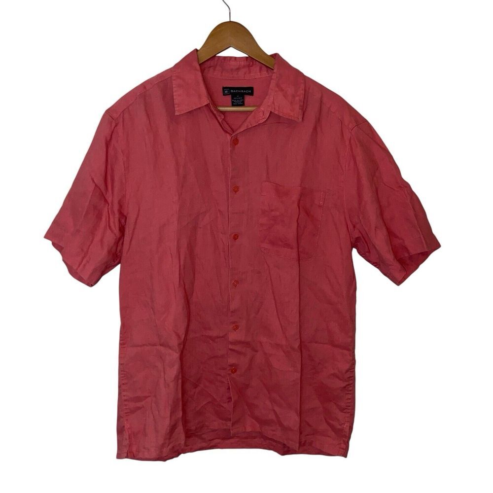 Bachrach 100% Linen Button Down Shirt Casual Summer Beach Resort Wear‎ Coral M
